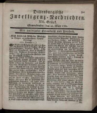 XXI. Stück. Sonnabends : den 20. May 1780.