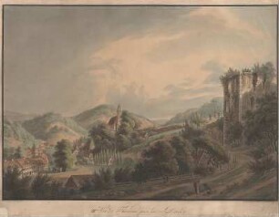 Ansicht von Tharandt, kolor. Umrißradierung, um 1815 : III.me Vue de Tharand près de Dresde / dessine d'après nature et gravé par Hammer. - [Dresde] : [C. G. Schultze] , [ca. 1815]. - 1 Kunstblatt : kolor. Umrißradierung ; 52 x 37 cm
