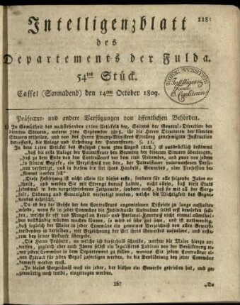 54tes Stueck, (Sonnabend) den 14ten October 1809