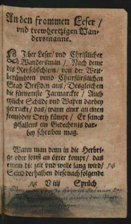 An den frommen Leser/ und trewhertzigen Wandersmanne.