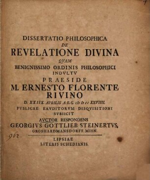 Dissertatio philosophica De revelatione divina