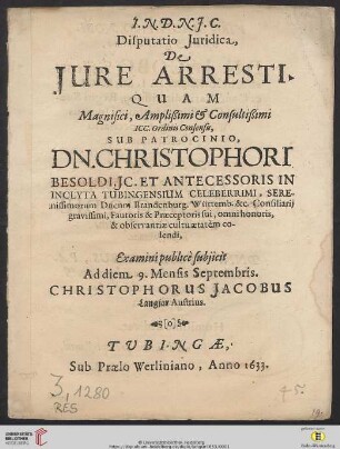 Disputatio Iuridica, De Iure Arresti