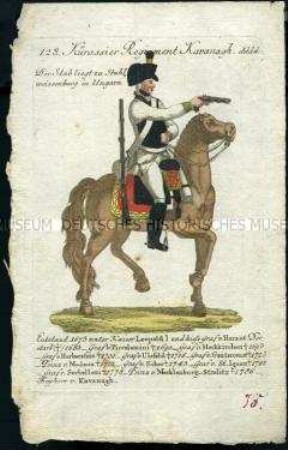 Uniformdarstellung, Gemeiner des Kürassier-Regiments Kavanagh zu Pferd, Österreich, 1796. Tafel aus: Geschichte und bildliche Vorstellung der Regimenter des Erzhauses Österreich.