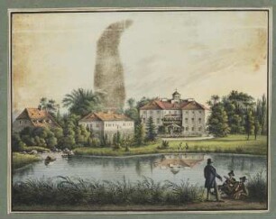 Ansicht von Schloss Erdmannsdorf bei Hirschberg, heute Schloss Myslakowice bei Jelenia Góra, Polen, Kupferstich, um 1840 : Richter, Johann Carl August : [Königliche Residenz Schloss Erdmannsdorf bei Hirschberg] / [J. C. A. Richter]. - [S.l.] , [um 1840]. - 1 Kunstbl. : kol. Kupferst. ; 19 x 14 cm