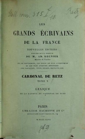 Oeuvres du Cardinal de Retz, 10. Lexique de la langue du Cardinal de Retz : avec une introduction grammaticale