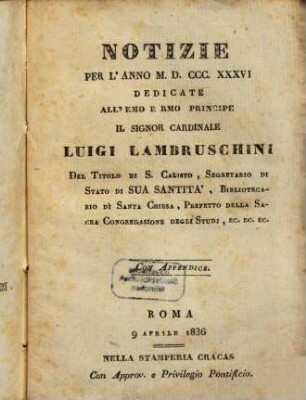 Notizie : per l'anno ..., 1836