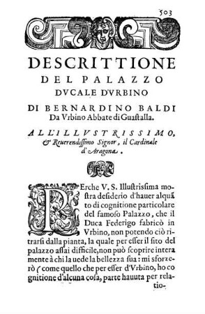 Descrittione Del Palazzo Dvcale D'Vrbino Di Bernardino Baldi Da Vrbino Abbate di Guastalla.