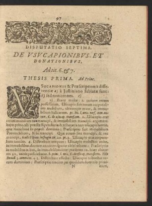 Disputatio Septima. De Vsvcapionibvs Et Donationibvs, Ad tit. 6. [et] 7.