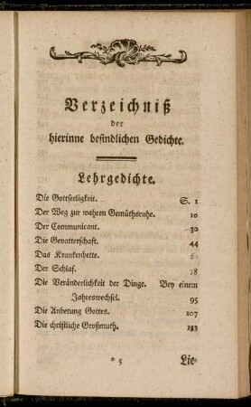 Verzeichniß der hierinne befindlichen Gedichte.