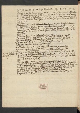 Mr. Du Bouchet u.a.: Mitteilungen über die Familie Coligny, 7. Sept. 1674, frz. (Auszüge)