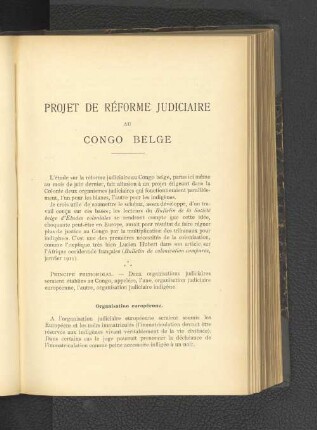 Projet de Réforme Judicaire au Congo Belge.