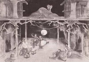 Bühnenbildentwurf zu Carl Orff: Der Mond : Schade, Gerhard: Bühnenbildentwurf zu "Der Mond", Oper von Carl Orff. Deckfarben auf Leinwand; 35 x 49 cm. Staatstheater Dresden. Ausstellung "Das Bühnenbild", 23.10.-21.11.1954, Dresden, Albertinum
