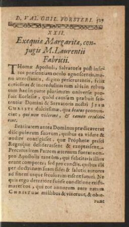 XXII. Exequiae Margaritae, conjugis M. Laurentii Fabricii.