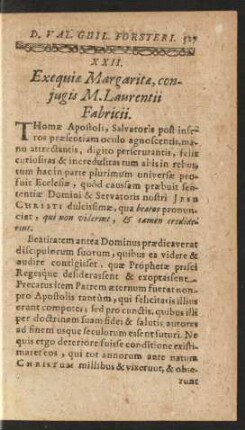 XXII. Exequiae Margaritae, conjugis M. Laurentii Fabricii.
