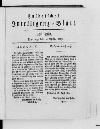 16tes Stück, Ausgabe vom 21. April 1809