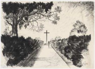 Erweiterung der Friedhöfe, Stolp: Perspektivische Ansicht mit Blick entlang eines von Sträuchern gesäumten Wegs auf das Hochkreuz