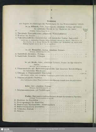 B. Docenten mit Angabe des Kataloges der Vorlesungen für das Wintersemester 1881/82