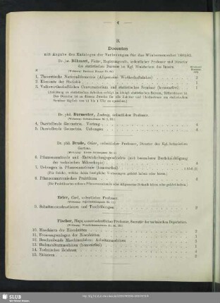 B. Docenten mit Angabe des Kataloges der Vorlesungen für das Wintersemester 1881/82