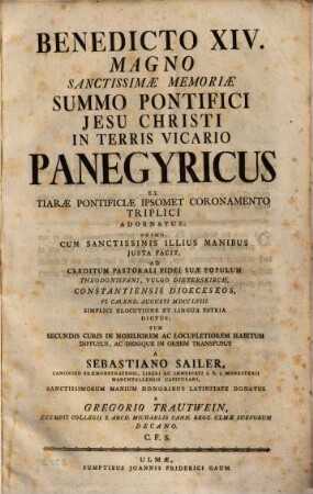 Benedicto XIV. Summo Pontifici ... panegyricus ... dictus