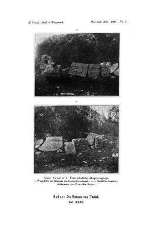 Taf. XXXI. : Uxmal. Cemeterio. Erste (nördliche) Skulpturengruppe. 1. Westhälfte der Südseite des Steinplattenvierecks. - 2. Osthälfe derselben. Aufnahmen von Caecilie Seler.