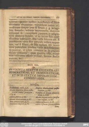 Sect. XIII. de Prudentia Statum Civitatis Aristocraticae, Et Democraticae, Et In Iis Statum Imperantium Conservandi.