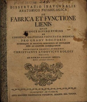 Diss. inaug. anat.-physiol. de fabrica et functione lienis