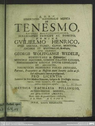 Dissertatio Inauguralis Medica De Tenesmo