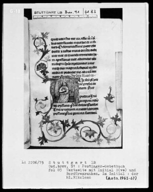Gebetbuch des Konrad Peutinger — Initiale A (ve sancte Nicolae), darin der heilige Nikolaus, Folio 83recto