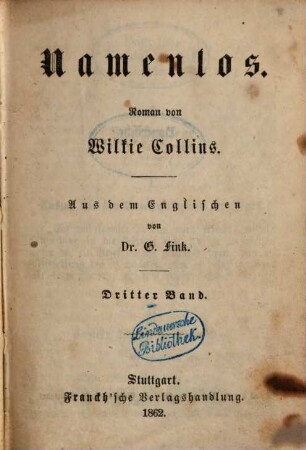 Namenlos : Roman von Wilkie Collins. Aus dem Englischen von G. Fink, 3
