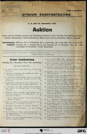 Erster Auktionstag: Samstag, den 7. November 1931, 3 Uhr nachmittags (Nr. 1-277)