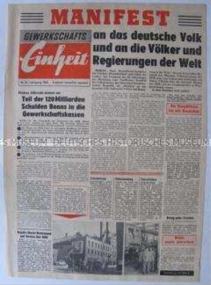 Propagandazeitung aus der DDR für die Gewerkschafter in der Bundesrepublik u.a. zum Manifest der Volkskammer der DDR anlässlich des 20. Jahrestages der Befreiung