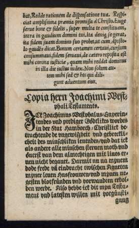 Copia Hern Joachimi Westphali Testaments.