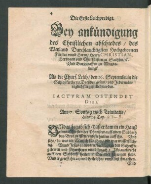 Die Erste Leichpredigt. Bey ankündigung des Christlichen abschiedes/ des ... Herrn Christian, Hertzogen und Churfürsten zu Sachsen ...