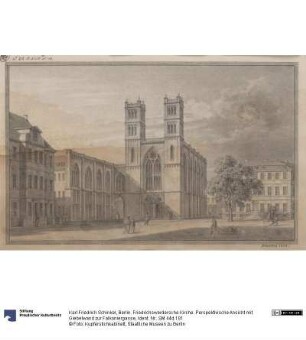 Berlin. Friedrichswerdersche Kirche. Perspektivische Ansicht mit Giebelwand zur Falkoniergasse