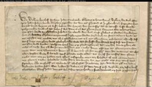Vor Wyllem Kyrchoff, Richter zu Nienbrocke, Gheryt to Hovetden und Wyllem van Dyck, Schöffen, verkauft Berteld van den Heynne dem Kloster Nazareth 4 Morgen Land om Nienbrocke bei den Ländereien des Goedert van Wedync und des Ghelmer Meynnotetssohn. Siegel: 1. des Ricthers Wyllem Kyrchoff ab 2. des Gheryt to Hovetden ab 3. des Wyllem van Dyck beschädigt.