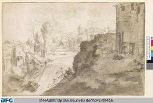 Italienische Ortschaft im Gebirge, von einem Fluß durchströmt, der einen Wasserfall bildet (Tivoli?)