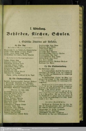 I. Abteilung. Behördenverzeichnis : I. Abteilung. Behörden, Kirchen, Schulen