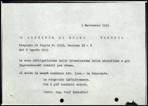 W. Schaefer an Archivo di Stato Venezia