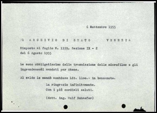 W. Schaefer an Archivo di Stato Venezia