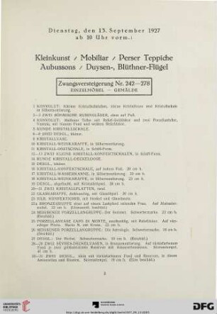 Kleinkunst/ Mobiliar/ Perser Teppiche/ Aubussons/ Duysen-, Blüthner-Flügel (Nr. 1-313)