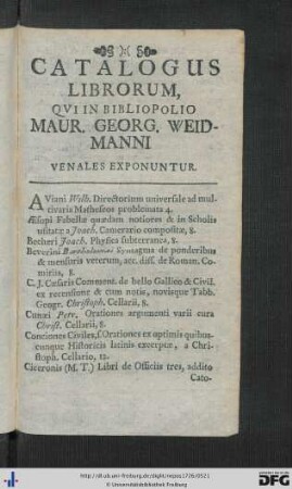Catalogus Librorum, Qui In Bibliopolio Maur. Georg. Weidmanni Venales Exponuntur.