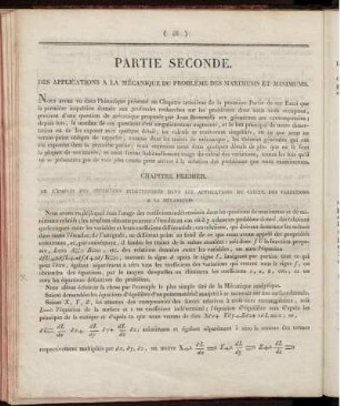 Partie Seconde. Des Applications à la Mécanique du Problème des Maximums et Minimums.