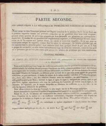 Partie Seconde. Des Applications à la Mécanique du Problème des Maximums et Minimums.