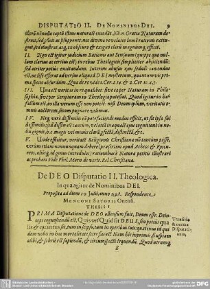 De Deo Disputatio II. Theologica. In qua agitur de Nominibus Dei. Proposita ad diem 29. Julii, anno 1598. Respondente. Mencone Sutoris Onensi