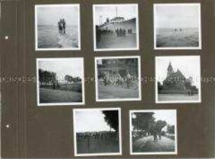 Albumblatt mit 3 Fotos einer Wandergruppe und 8 Fotos einer Fahrradtour am Meer