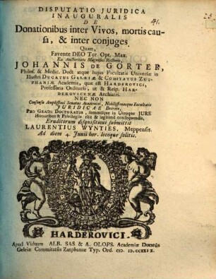 Diss. iur. inaug. de donationibus inter vivos, mortis causa, et inter coniuges