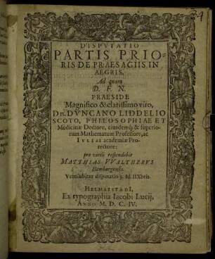 Disputatio Partis Prioris De Praesagiis In Aegris