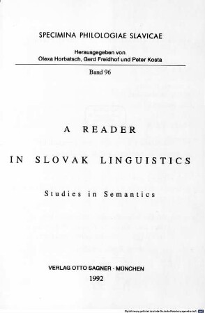 A reader in Slovak linguistics : studies in semantics