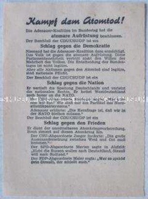 Handzettel aus der DDR gegen die atomare Aufrüstung der Bundesrepublik