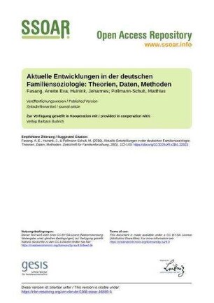 Aktuelle Entwicklungen in der deutschen Familiensoziologie: Theorien, Daten, Methoden